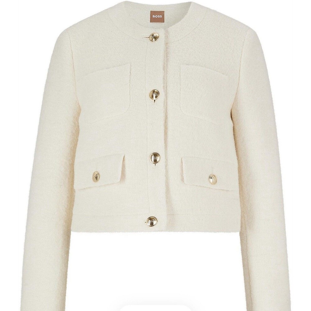 BOSS Janoa Bloucle’ Collarless Jacket In Soft Cream Sz 10 New